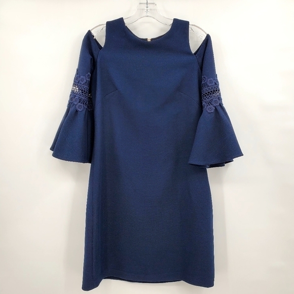 Eliza J Navy Blue Cold Shoulder Bell Sleeve Cocktail Dress - Picture 2 of 11